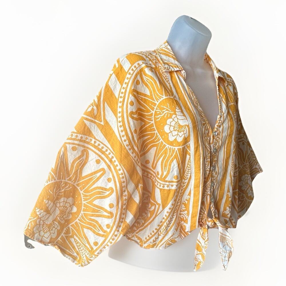 C&C California Linen Cropped Tie Front Blouse Womens Large Yellow Boho Summer - Picture 3 of 13